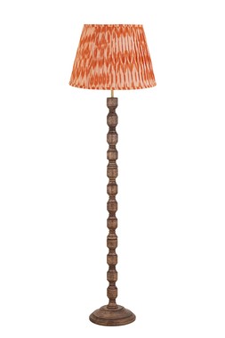 Wood floor lamp with orange pleated shade