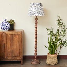Wood floor lamp with blue pleated shade