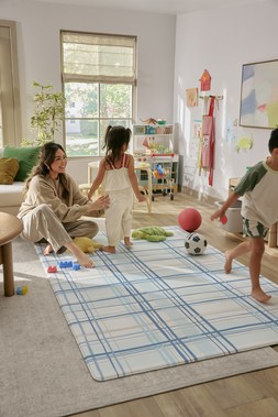 Ruggable Play Mat Storytime Plaid Denim Blue £199 Living Room- under embargo until July 30th