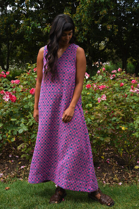 Easy-fit Organic Cotton Summer Dress in Fuchsia & Teal