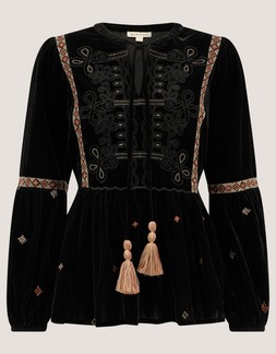 Noni Embroidered Velvet Long Sleeve Top Black