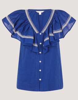 Fenn Embroidered Ruffle Jersey Top Blue
