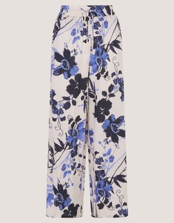 Nicolette Floral Linen Blend Wide Leg Trousers Blue