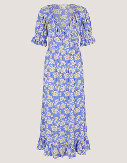 Sian Floral Print Ruffle Midi Dress Blue