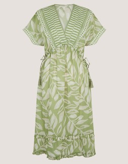 Lillie V-Neck Leaf Print Midi Dress Green