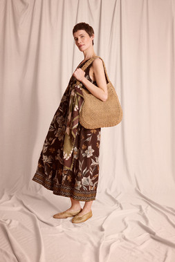 Esther Floral Linen Blend Midi Dress Brown
