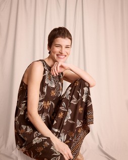 Esther Floral Linen Blend Midi Dress Brown