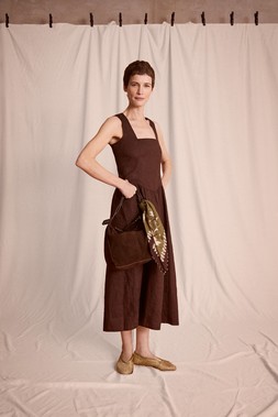 Lily Square Neck Linen Midi Dress Brown
