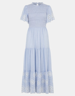 Smocked Cutwork Midi Dress Blue