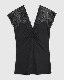 RI Black Short Sleeve Lace Trim Ruched Top £26