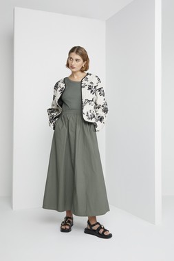 Beige Linen Look Cap &pound;8, Monochrome Print Quilted Jacket &pound;32, Khaki Poplin Midaxi Dress &pound;22, Black Croissant Shoulder Bag &pound;14, Black Platform Sandals &pound;20