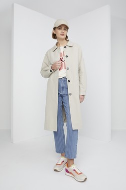 Beige Linen Look Cap &pound;8, Stone Longline Trench Coat &pound;42, Stone Relaxed Oh La La Graphic Tee &pound;7, Light Denim Straight Pinstripe Jeans &pound;22, Multicoloured Retro Trainers &pound;20