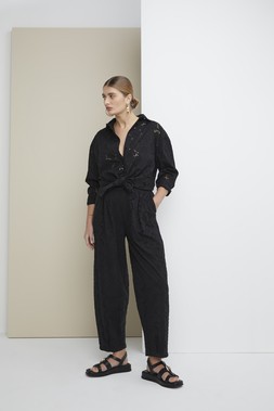 Black Longline Lace Shirt &pound;25, Black Barrel Broderie Trousers &pound;24, Black Platform Sandals &pound;20