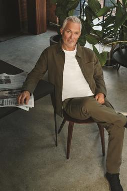 MK x Union Works Khaki Crepe Jacket, &pound;36, MK x Union Works White Logo Pocket Tee &pound;12 & MK x Union Works Khaki Crepe Trousers, &pound;24