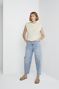 Neutral Metallic Tank &pound;18, Light Denim Barrel Jeans &pound;22 , Taupe Sandals &pound;15