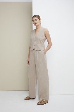 Stone Co-ord Pinstripe Waistcoat &pound;22, Stone Co-ord Pinstripe Wide Leg Trousers &pound;22, Taupe Sandals &pound;15.