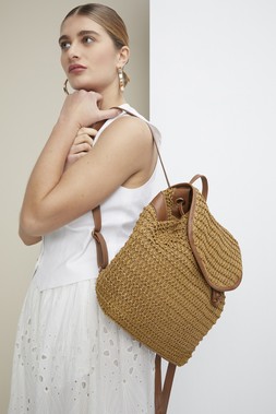 White Linen Waistcoat &pound;22, White Broderie Maxi Skirt &pound;28, Straw Rucksack &pound;15, Taupe Sandals &pound;15