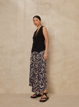 Black Coord Waistcoat &pound;16, Mono Leaf Print Asymmetric Maxi Skirt &pound;22 & Black Wrap Around Platform Sandals &pound;20