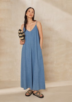 Blue Denim Look Trapeze Maxi Dress &pound;25, Monochrome Stripe Shopper Bag &pound;12 & Zebra Double Strap Sandals &pound;16