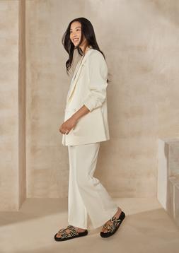 Cream Hourglass Coord Blazer &pound;28, Black Bandeau Top (Part of a 2 Pack) &pound;8, Cream Flare Coord Trouser &pound;16 & Zebra Double Strap Sandals &pound;16