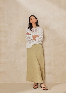 White Stitch Crewneck Jumper &pound;20, Cream Bandeau Top (Part of a 2 Pack) &pound;8, Sage Crushed Satin Maxi Skirt &pound;22 & Black Strappy Sandals &pound;17