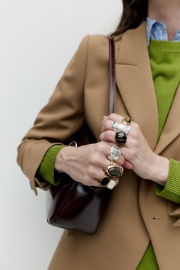 M&S Collection Blazer £70 M&S Collection Jumper £18 M&S Collection Shirt £46 M&S Collection Rings £22.50 / £22.50 / £18.50 / £12.50 / £18.50 £10 / £18.50 M&S Collection Bag £36