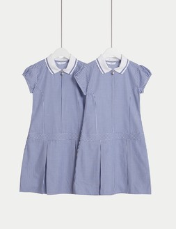 M&S 2pk Girls Cotton Rich Gingham School Dress 2-14 Yrs £14-18