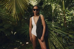 M&S Neoprene Scallop Plunge Swimsuit £35, Straw Tote Bag £49.50 (1)