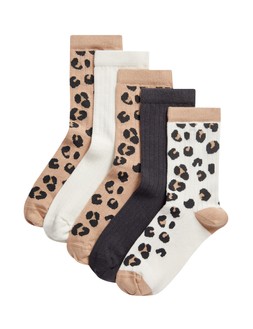 M&S 5pk Cotton Rich Leopard Ribbed Socks (6 Small - 7 Large) £6-£7