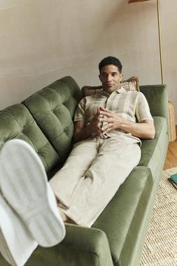M&S KNITTED SHIRT &pound;35/ M&S LINEN TROUSER &pound;35/ M&S TRAINERS &pound;60